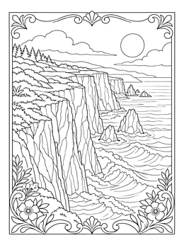 A detailed island coloring page depicting high coastal sea cliffs above rolling ocean waves.
