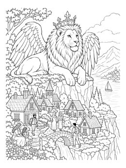 A winged lion watches over a coastal village in this island coloring page.