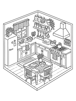 A detailed isometric kitchen coloring page with a dining table, stove, cabinets, and open shelves.
