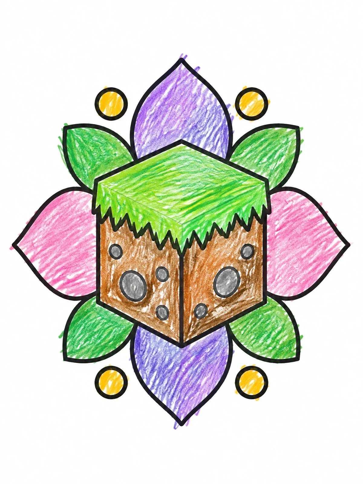 Colored example of the Grass Block With Floral Mandala coloring page
