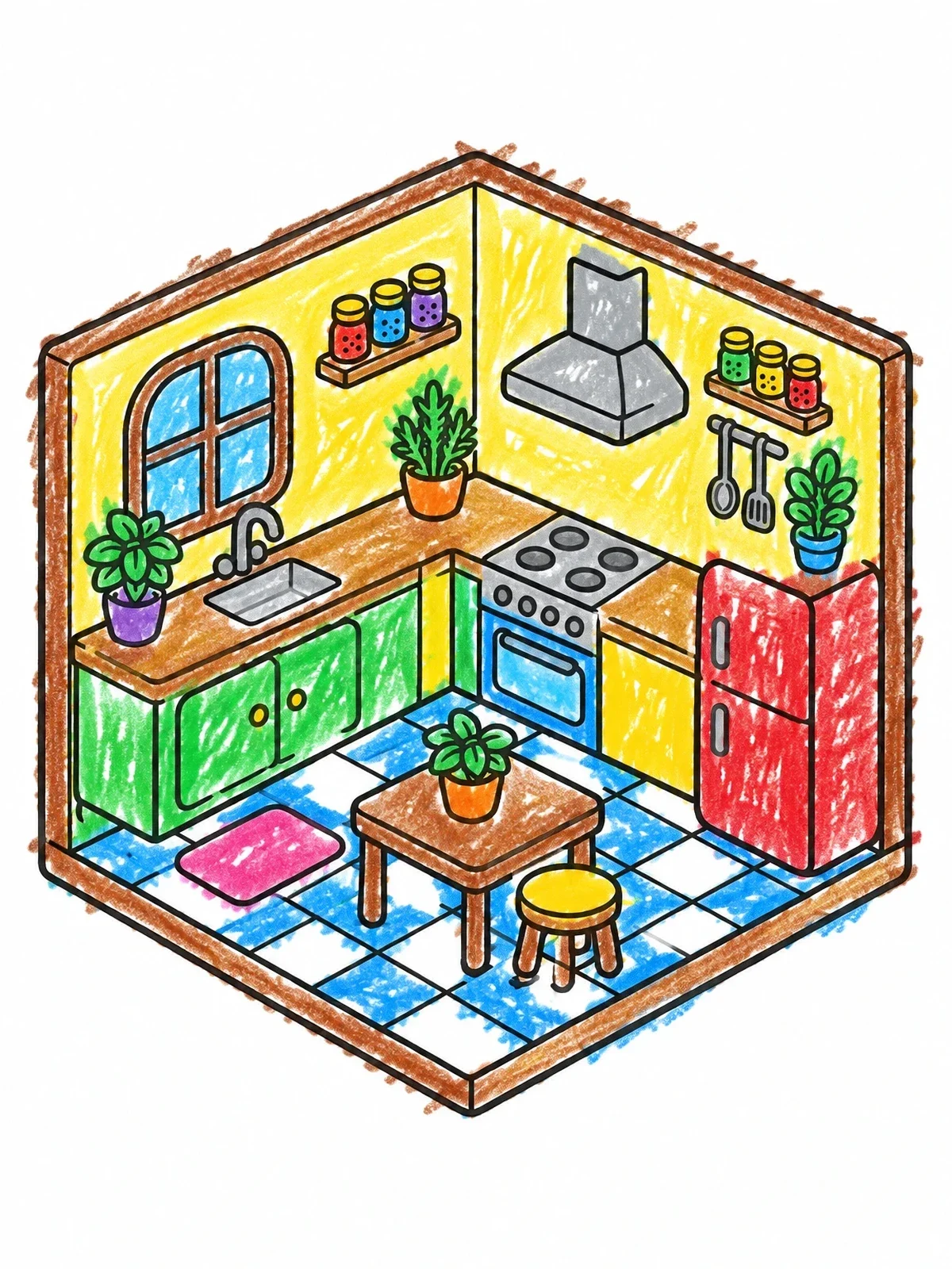 Colored example of the Cozy Isometric Miniature Kitchen coloring page