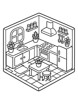A cozy isometric kitchen coloring page with potted plants, stove, and fridge.
