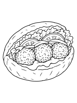 Delicious pita bread stuffed with falafel balls and fresh vegetables on this israel coloring page.