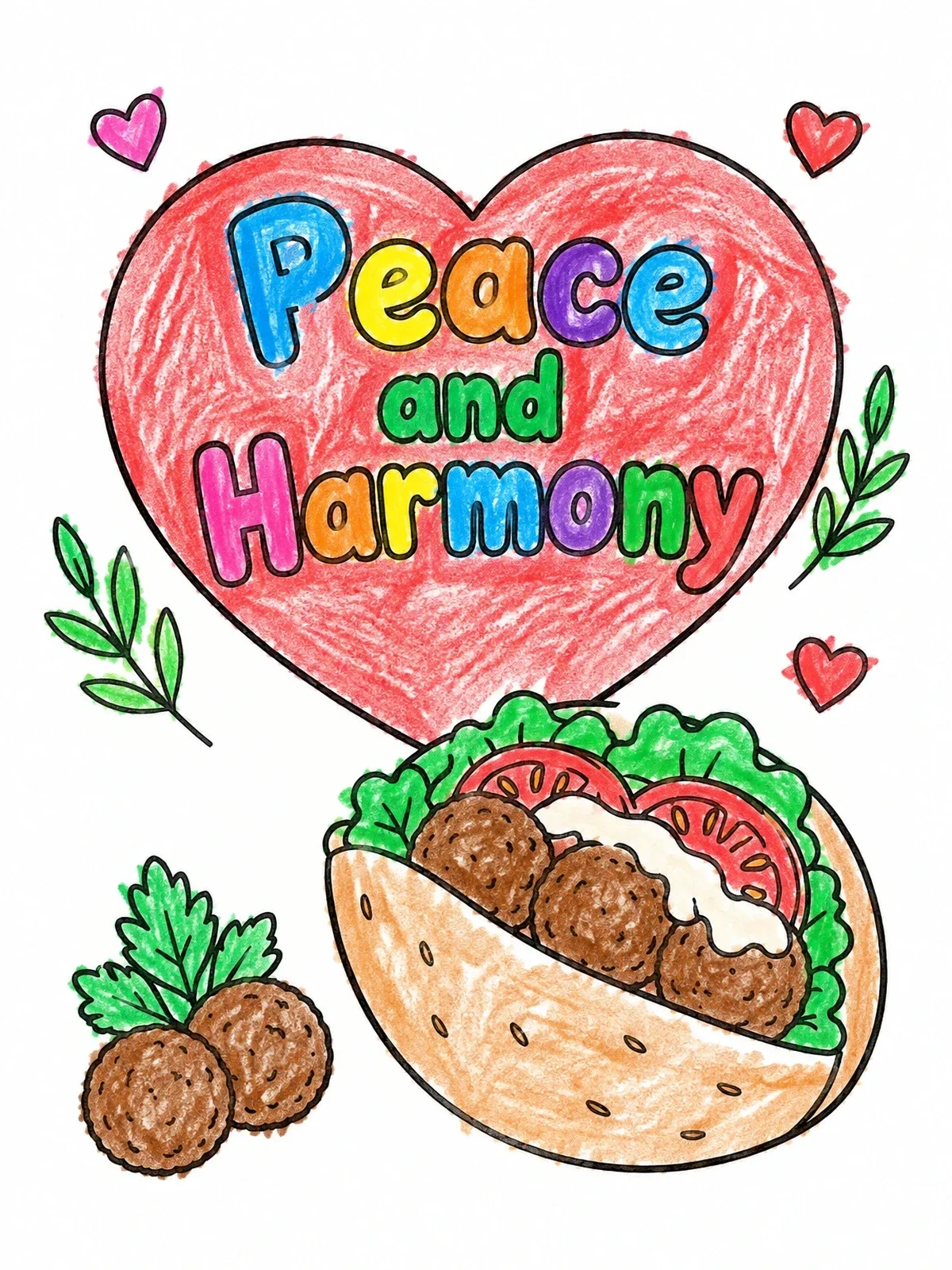 Colored example of the Falafel Pita With Peace And Harmony coloring page