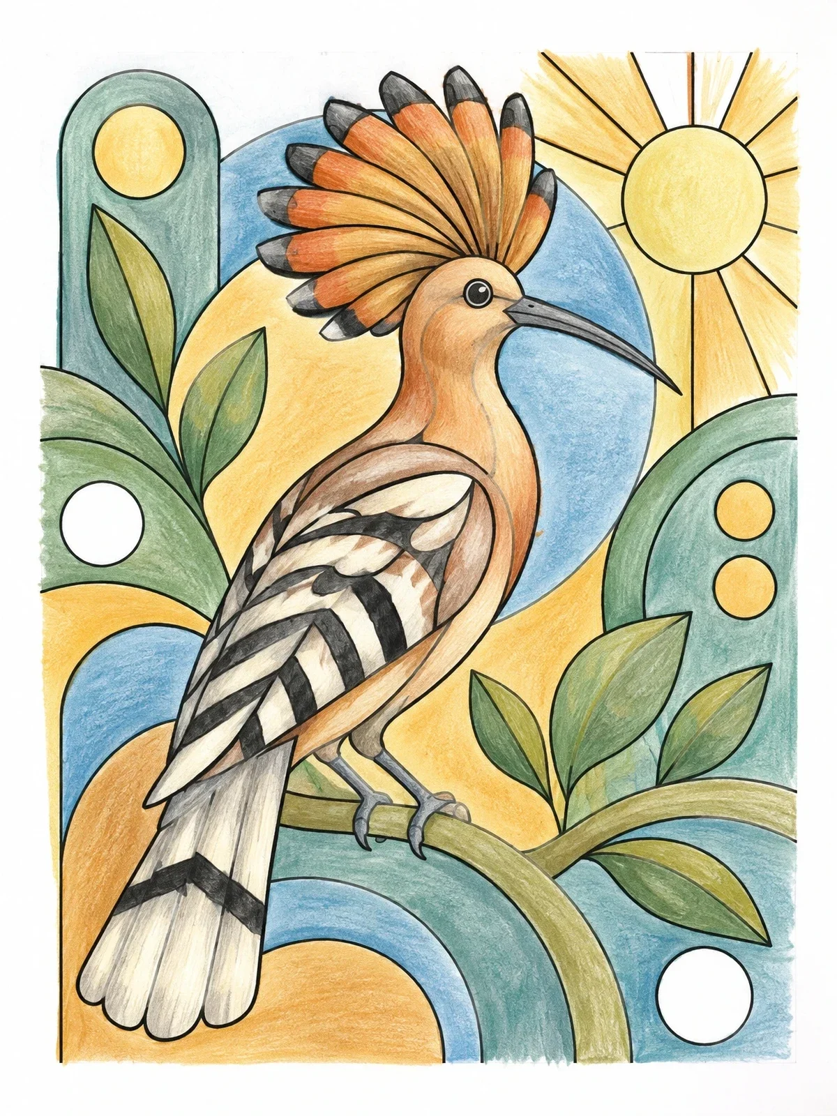 Colored example of the Hoopoe Bird With Geometric Background coloring page