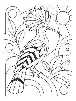 Stylized hoopoe bird perched on a branch in this israel coloring page with sun rays.