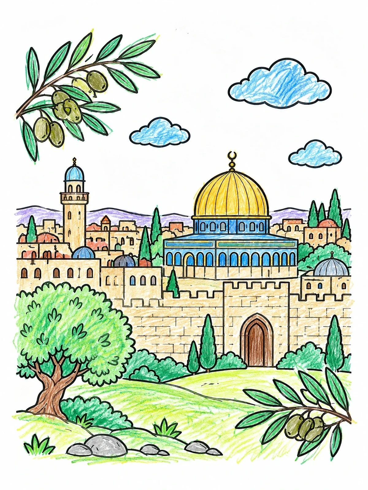 Colored example of the Ancient Jerusalem City View With Olive Branches coloring page