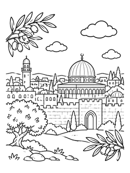 Free printable Ancient Jerusalem City View With Olive Branches coloring page