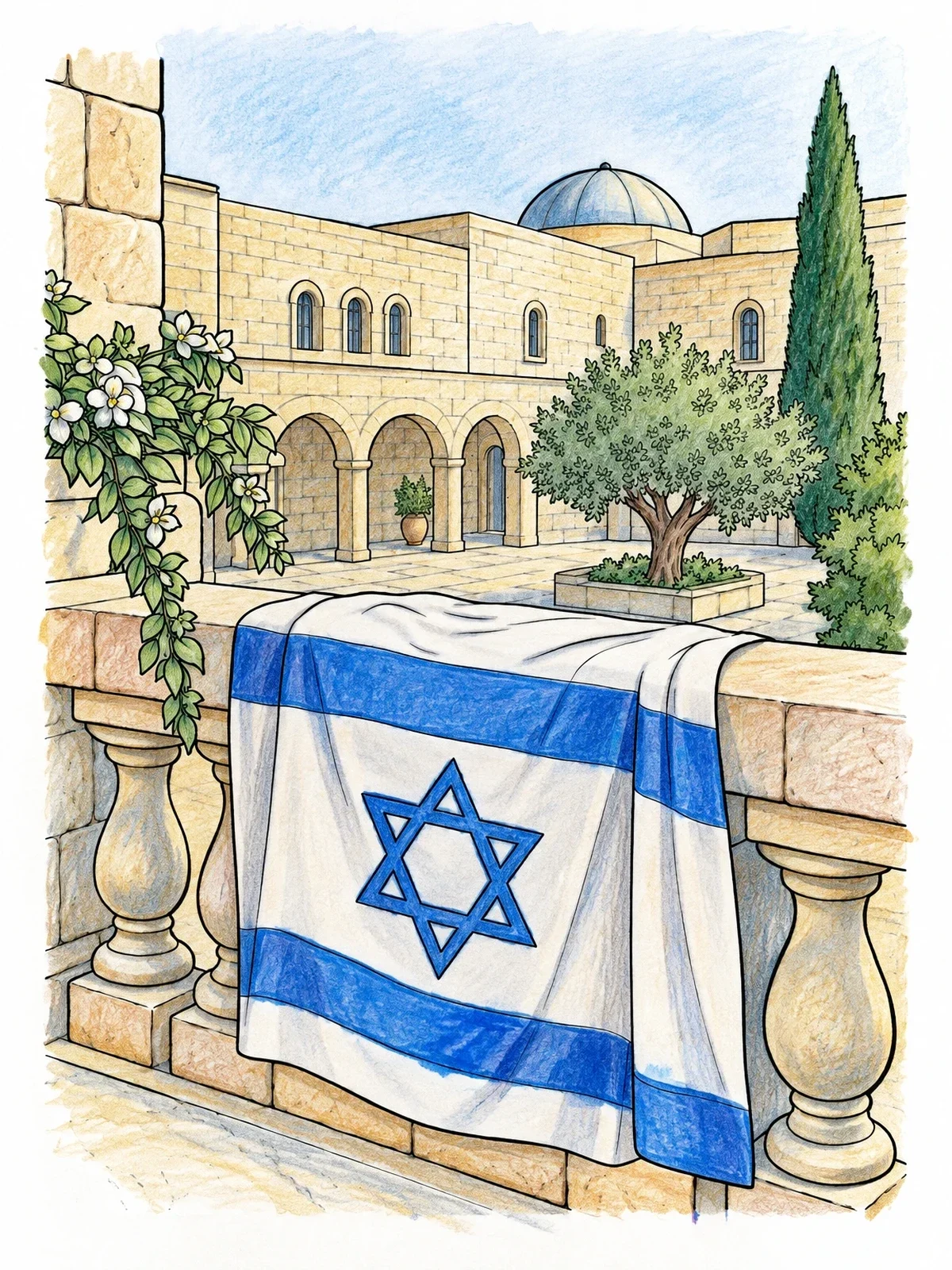 Colored example of the Israeli Flag On Stone Balcony coloring page