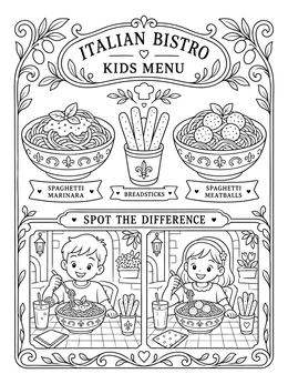 An Italian bistro kids menu coloring page featuring pasta dishes, breadsticks, and a spot-the-difference game.