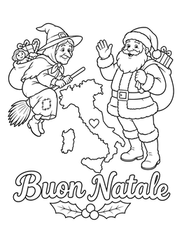 A cheerful christmas in italy coloring page featuring La Befana, Santa Claus, and an Italy map outline.