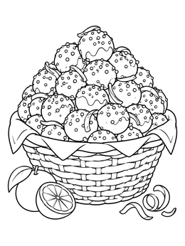 Basket of sweet struffoli treats in this festive christmas in italy coloring page.