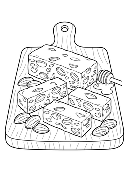 Italian torrone nougat on a board with almonds in this christmas in italy coloring page.