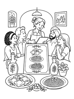 Free printable Friends Dining At An Italian Restaurant coloring page