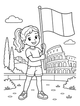 Free printable Girl Holding Italian Flag At Colosseum coloring page