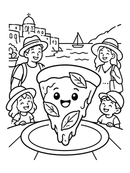 Free printable Happy Pizza Slice With Vacationing Family coloring page