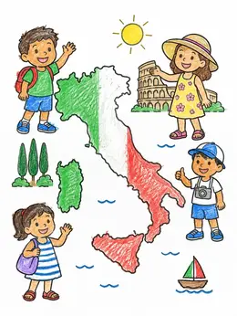 Map Of Italy With Cheerful Children Coloring Page