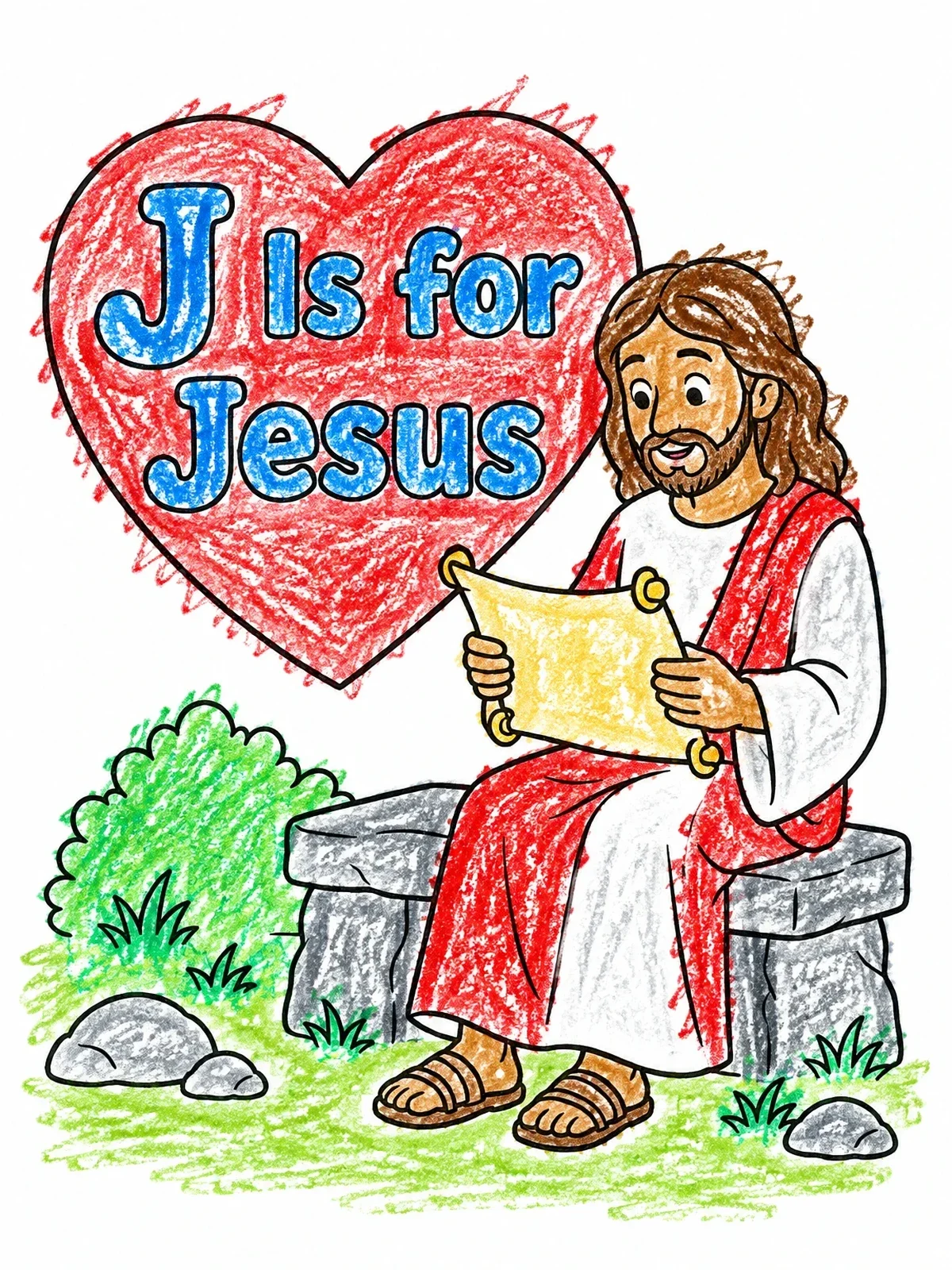 Colored example of the J Is For Jesus Reading Scroll coloring page