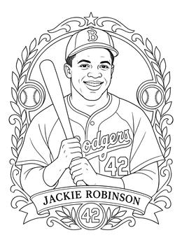 Detailed jackie robinson coloring page featuring a smiling baseball portrait inside a decorative wreath frame.