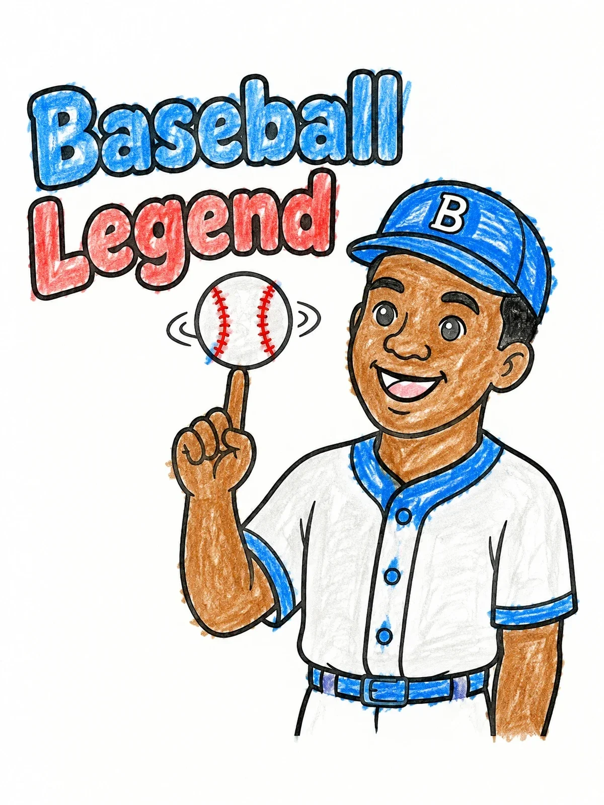 Colored example of the Smiling Baseball Legend Spinning A Ball coloring page