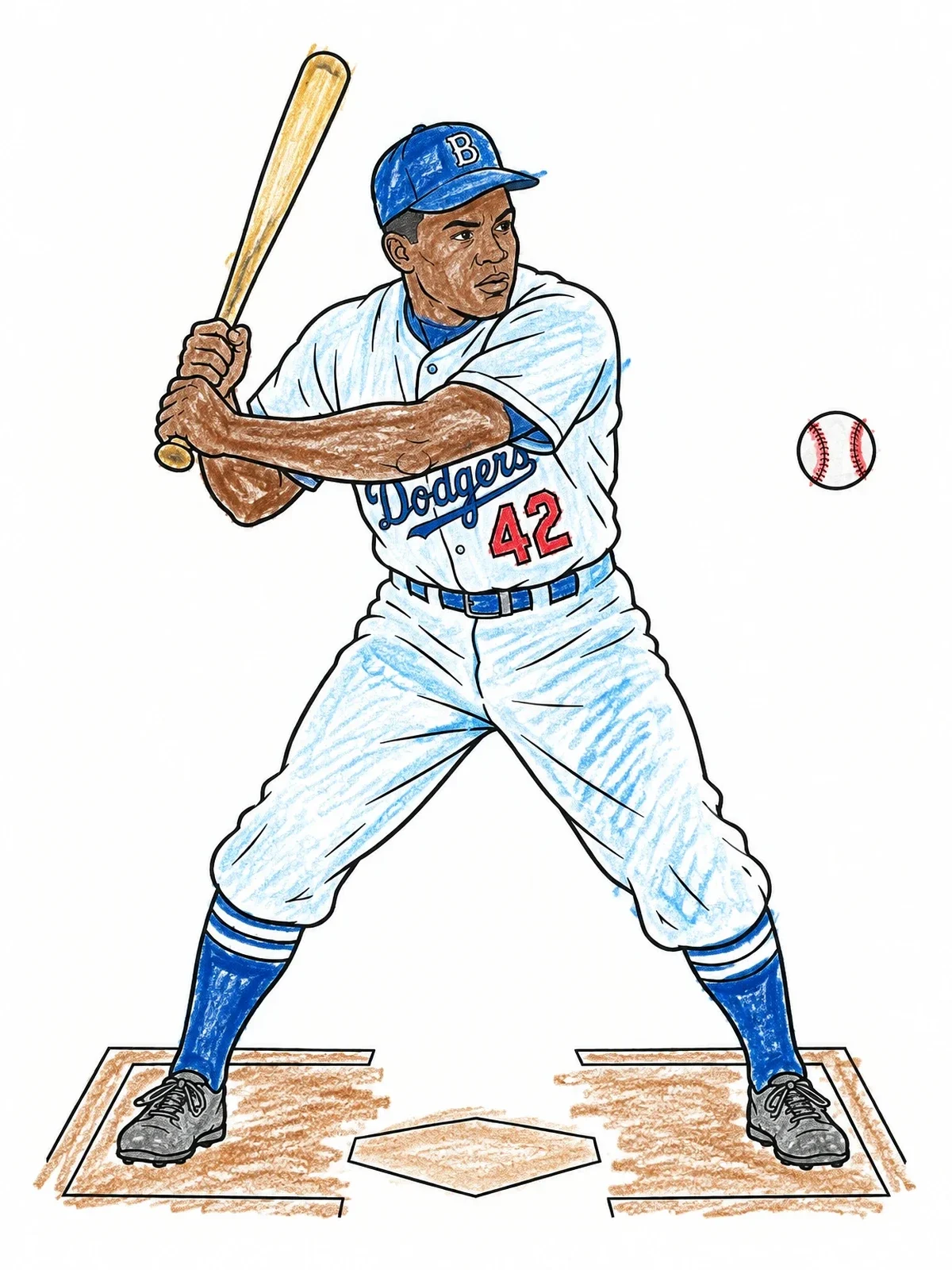 Colored example of the Jackie Robinson At The Bat coloring page
