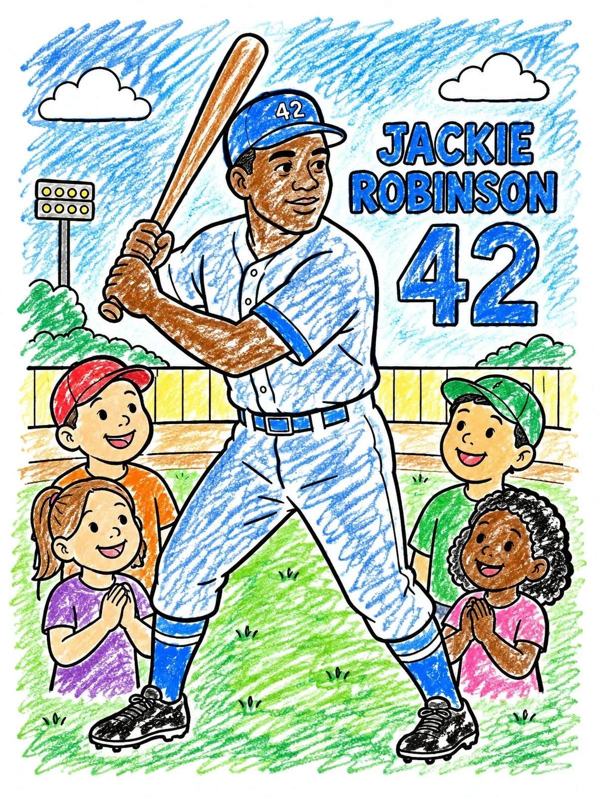 Colored example of the Jackie Robinson Batting For Young Fans coloring page