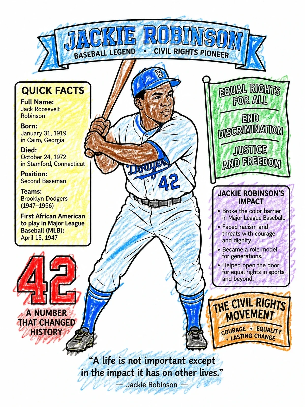 Colored example of the Jackie Robinson Educational Baseball Worksheet coloring page