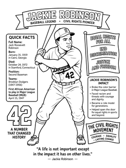 Free printable Jackie Robinson Educational Baseball Worksheet coloring page