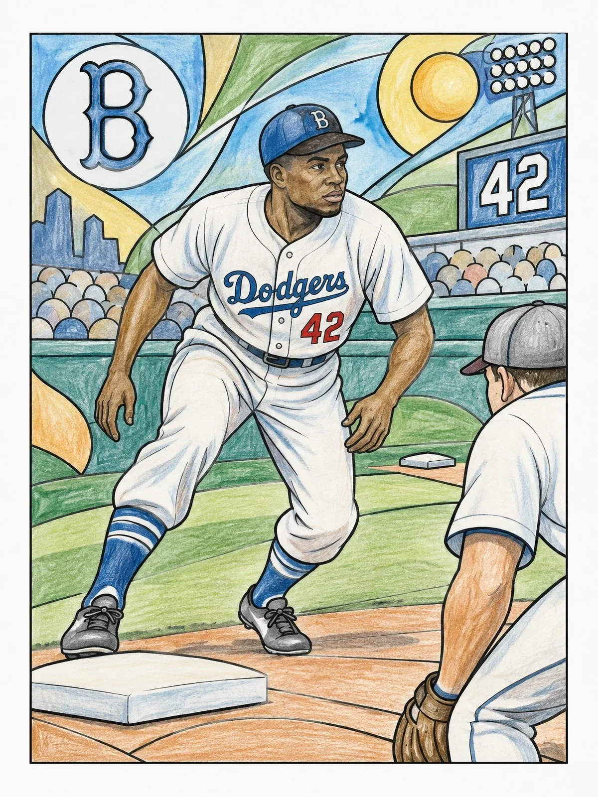 Colored example of the Jackie Robinson Leading Off Base coloring page