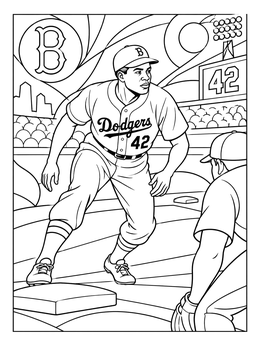 A dynamic jackie robinson coloring page showing the legendary Dodgers player ready to steal a base.