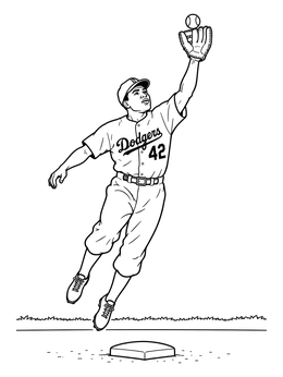 A dynamic jackie robinson coloring page showing the baseball legend jumping to catch a fly ball.