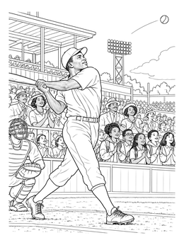 A dynamic jackie robinson coloring page showing the baseball legend mid-swing in front of cheering fans.