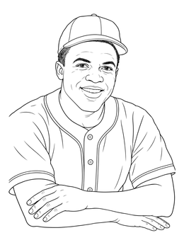 A smiling jackie robinson coloring page in classic baseball uniform leaning forward.
