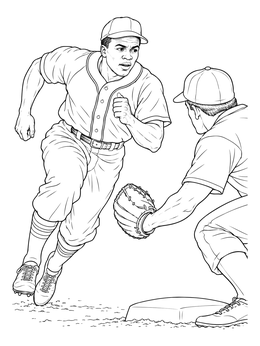 Realistic jackie robinson coloring page showing a runner sprinting toward a tagged base.