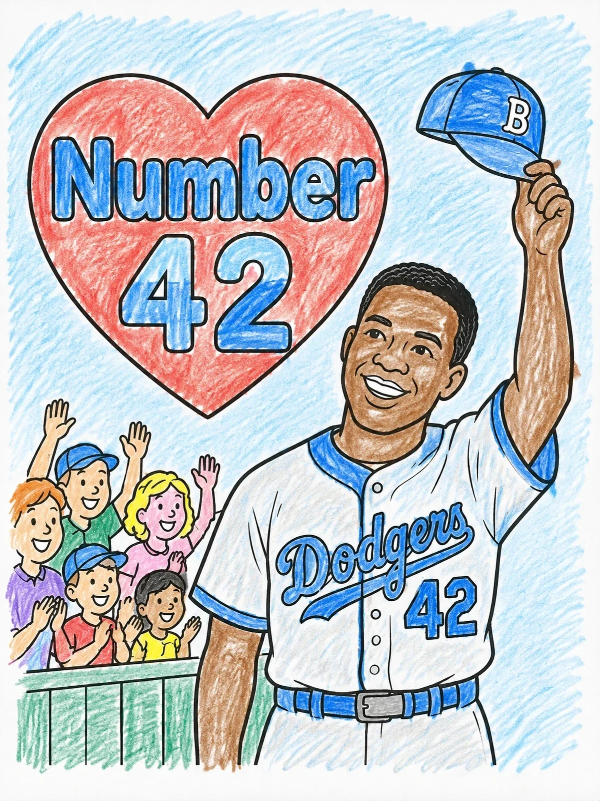 Colored example of the Jackie Robinson Cheering Fans coloring page