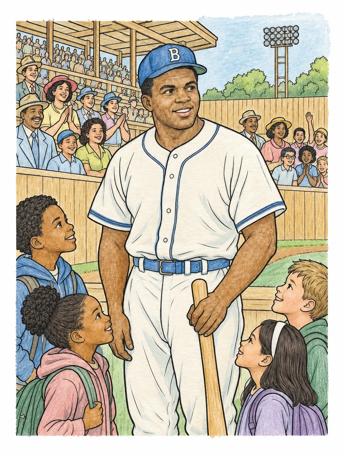 Colored example of the Jackie Robinson Greeting Young Baseball Fans coloring page