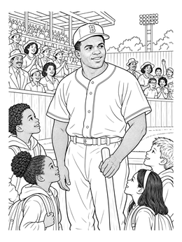 An inspiring jackie robinson coloring page showing the smiling baseball legend with young fans at the ballpark.
