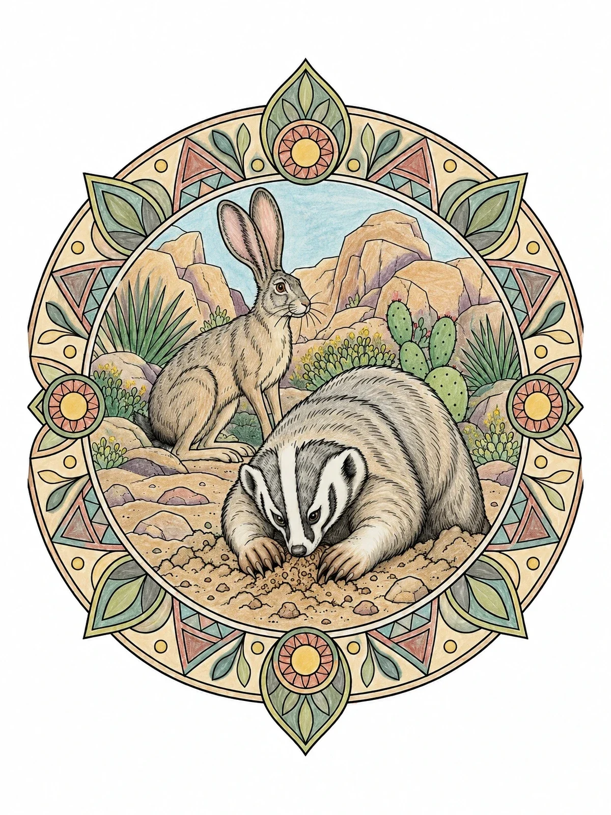 Colored example of the Jackrabbit And Badger Mandala Scene coloring page
