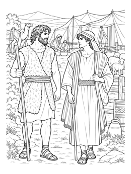 A detailed jacob and esau coloring page showing the twin brothers walking together in an ancient nomadic encampment.