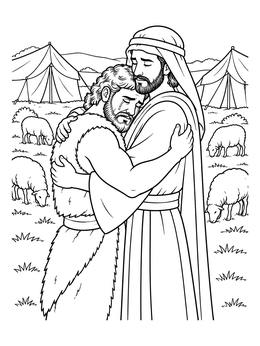 An emotional jacob and esau coloring page showing two brothers embracing near tents and grazing sheep.