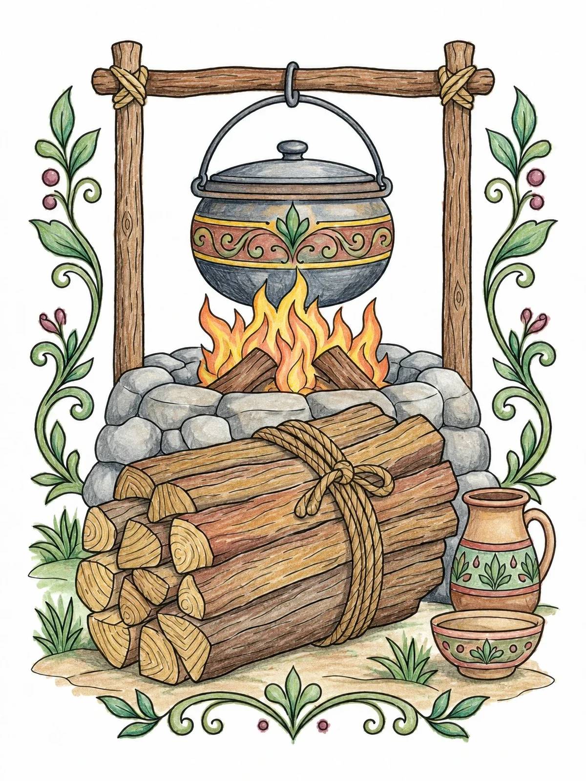 Colored example of the Cooking Fire With Firewood And Pot coloring page