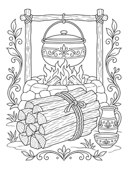 A campfire pot and bundled logs in a detailed jacob and esau coloring page.