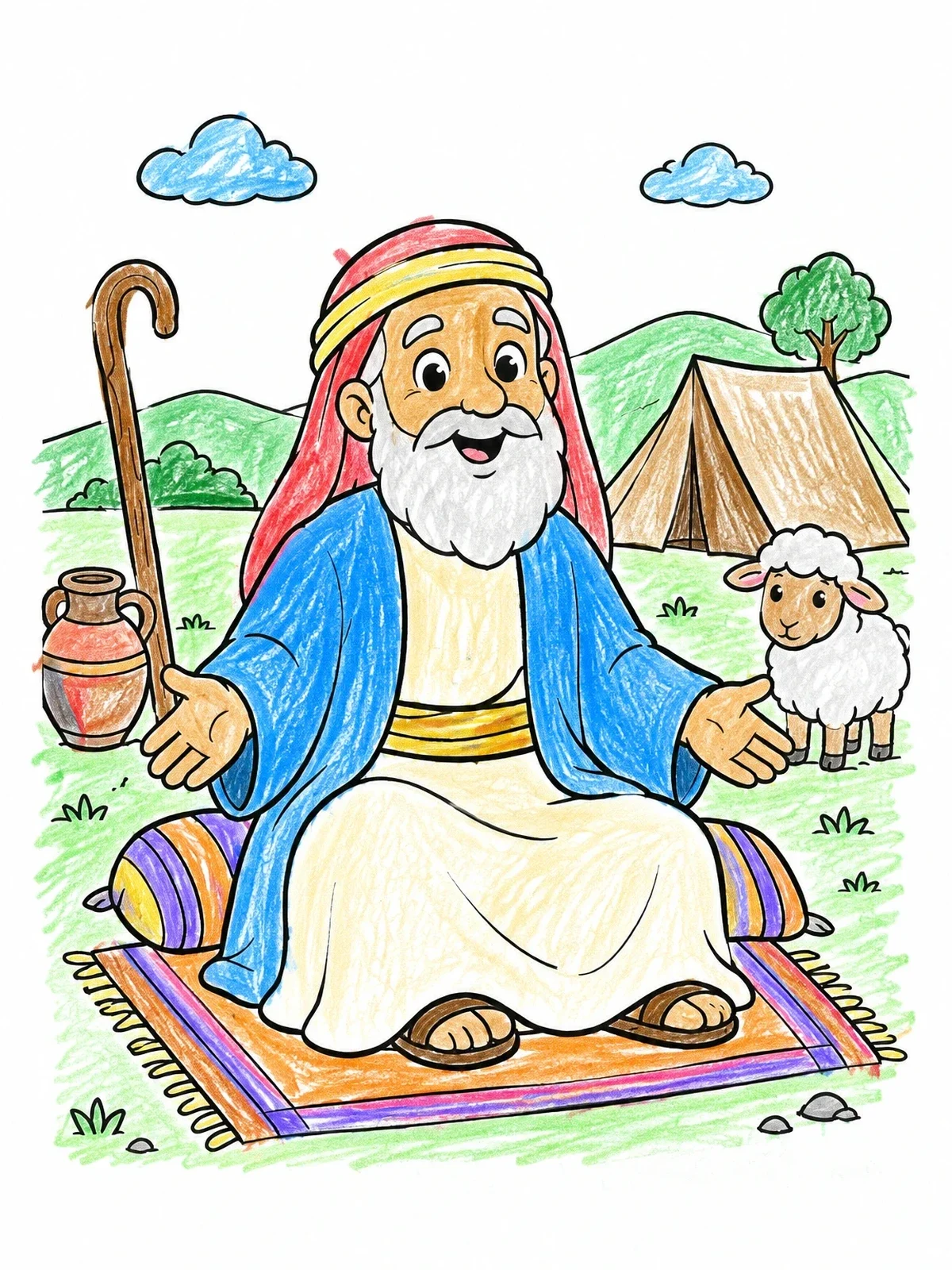 Colored example of the Elderly Isaac Welcoming By Tent coloring page