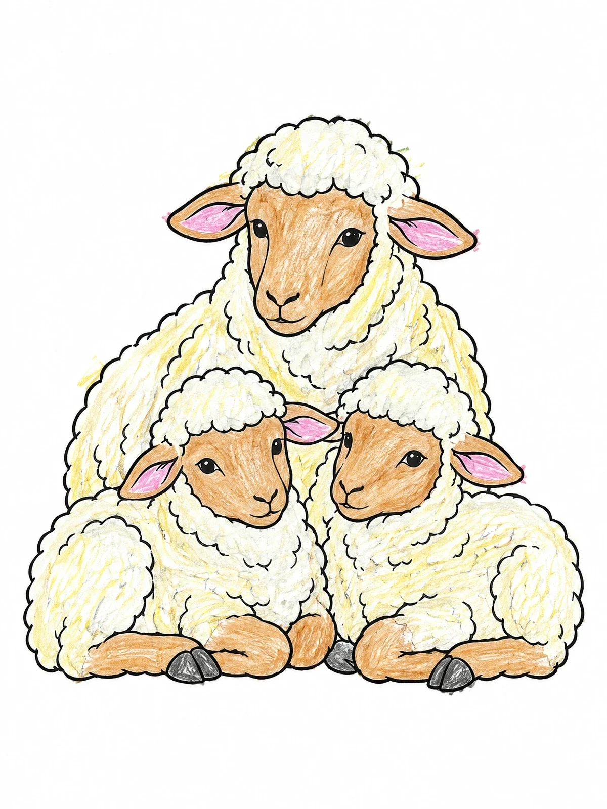 Colored example of the Fluffy Sheep And Lambs Resting coloring page