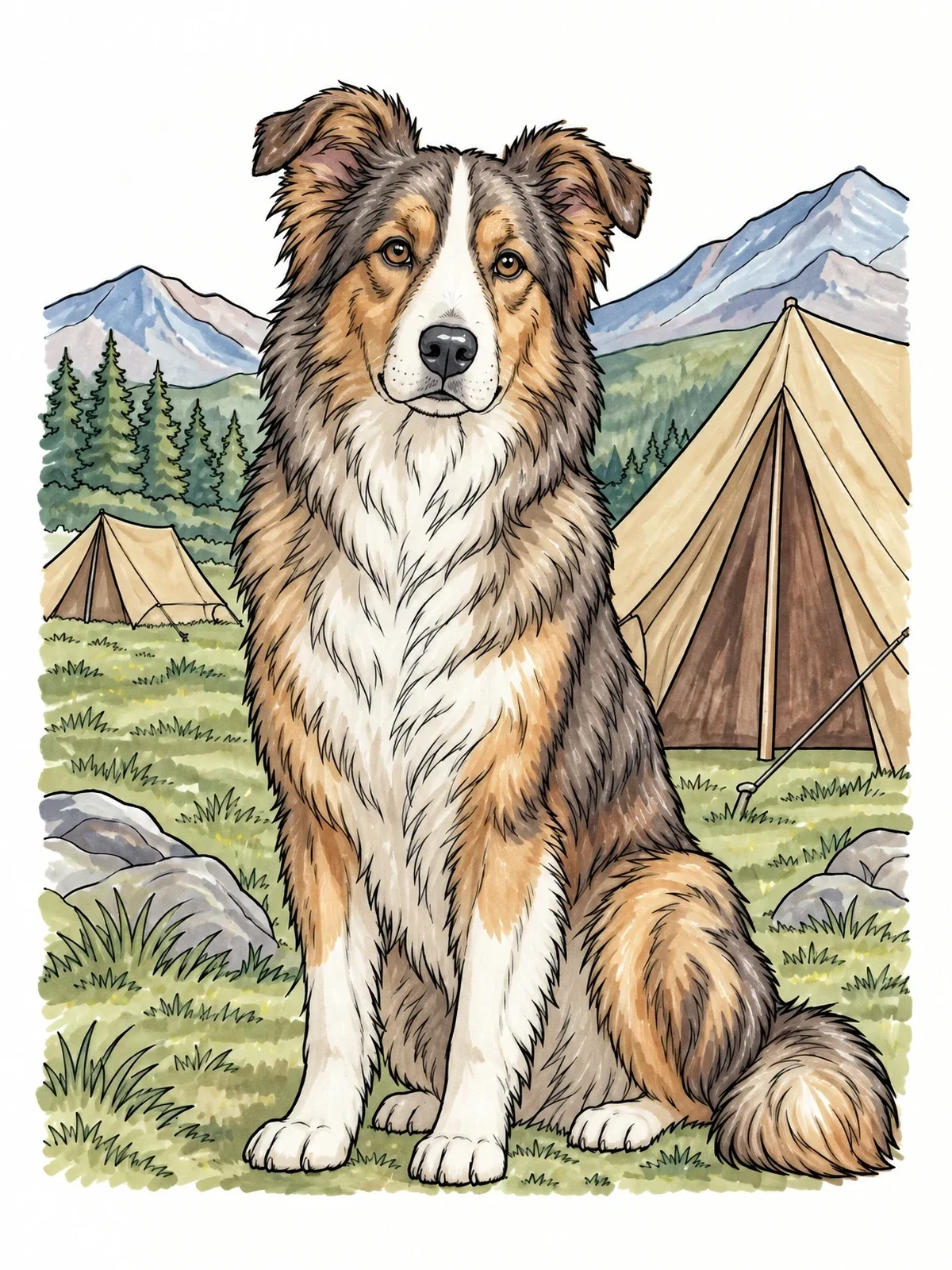 Colored example of the Fluffy Shepherd Dog By The Tents coloring page