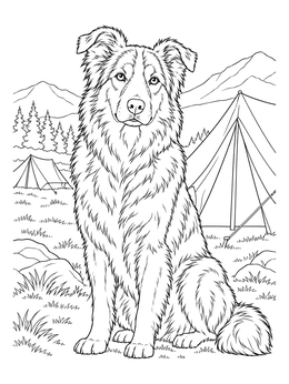 A fluffy shepherd dog rests outside camp in this jacob and esau coloring page.