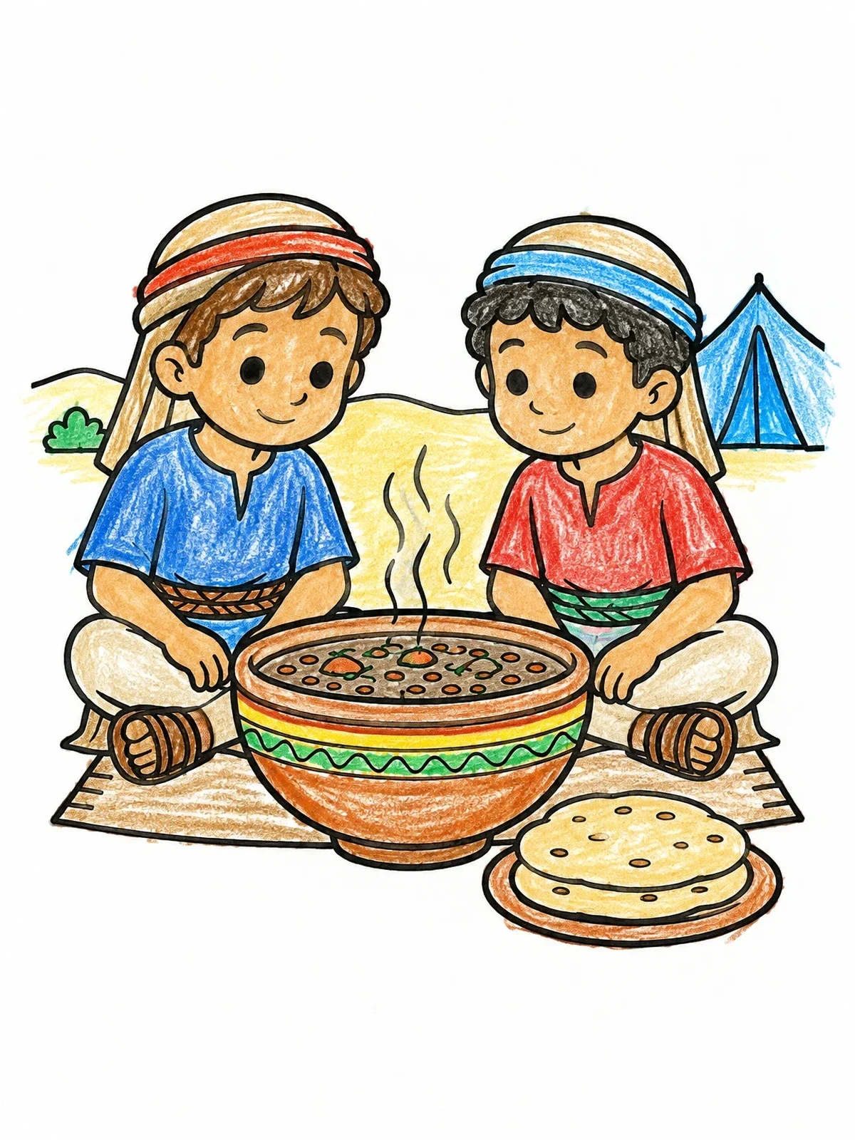 Colored example of the Jacob And Esau Sharing Lentil Stew coloring page