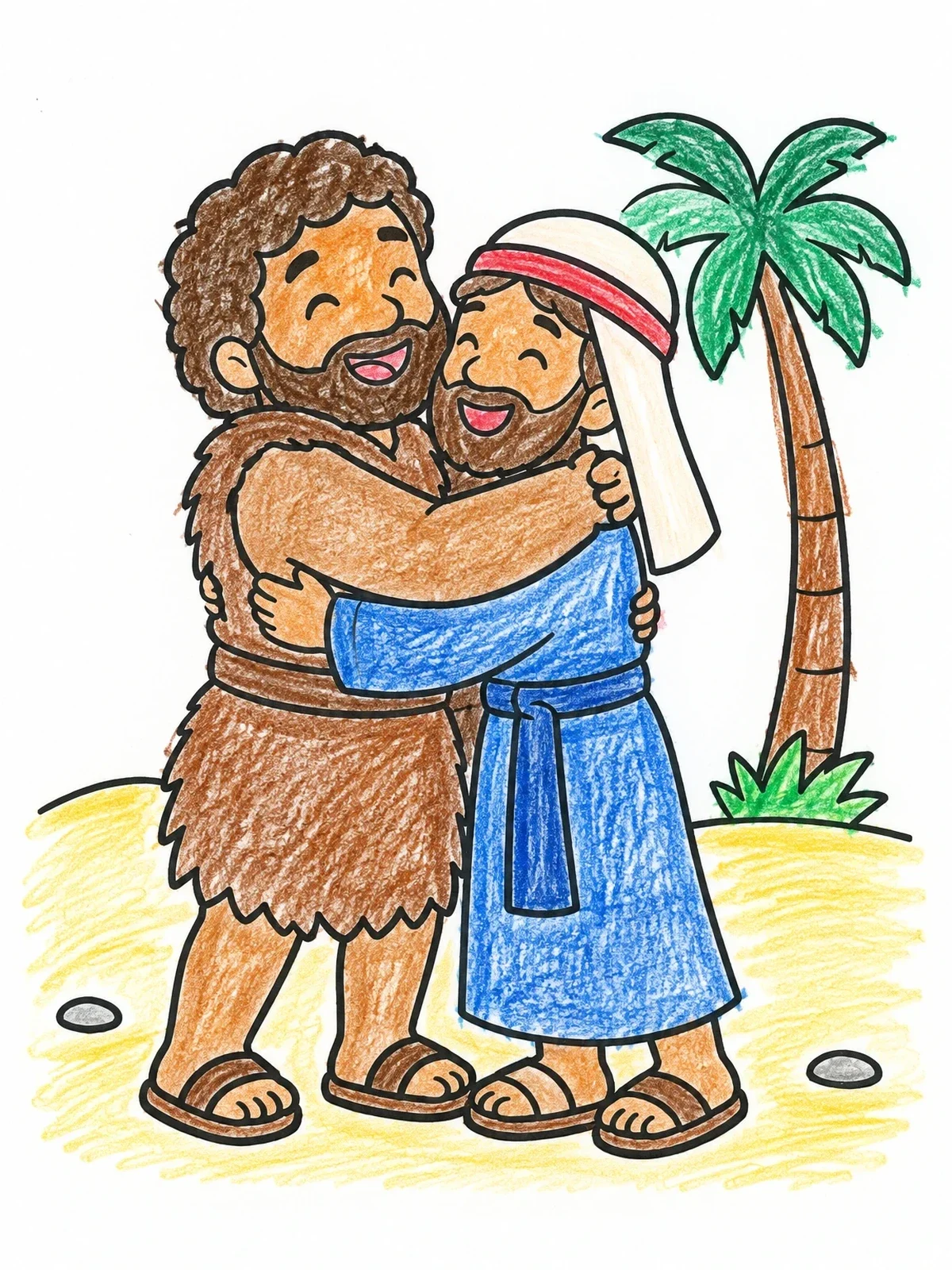Colored example of the Jacob And Esau Reunion Embrace coloring page