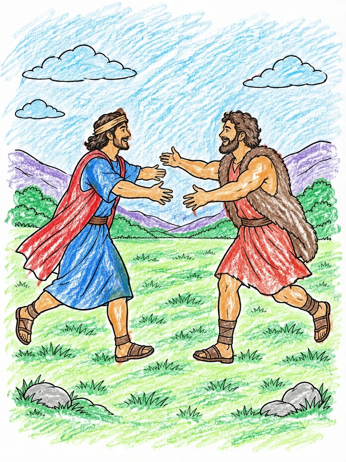 Colored example of the Jacob And Esau Reunion Hug coloring page