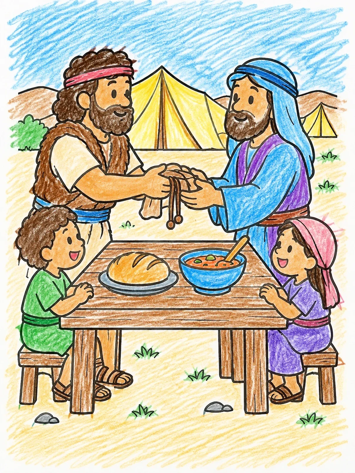 Colored example of the Jacob And Esau Sharing Stew coloring page